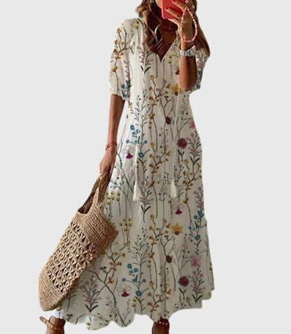 Ikat Print Tassel Tie V-Neck Tiered Boho Maxi Dress 7