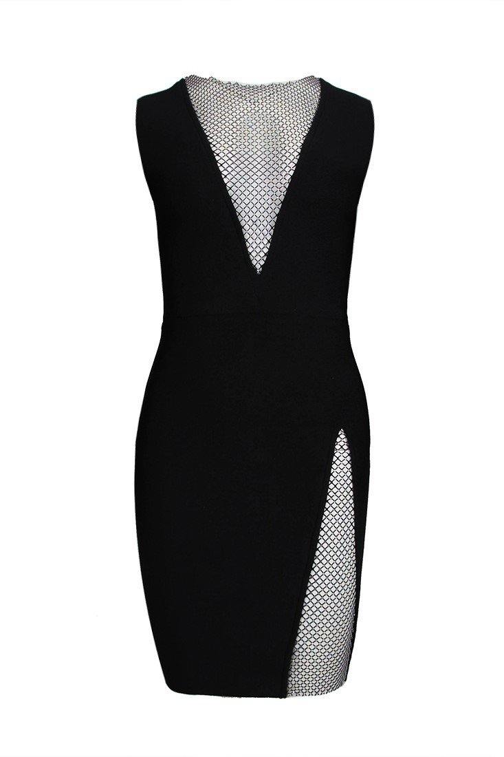 Rhinestone Mesh Mock Neck Plunge Bodycon Cocktail Mini Dress - View 3