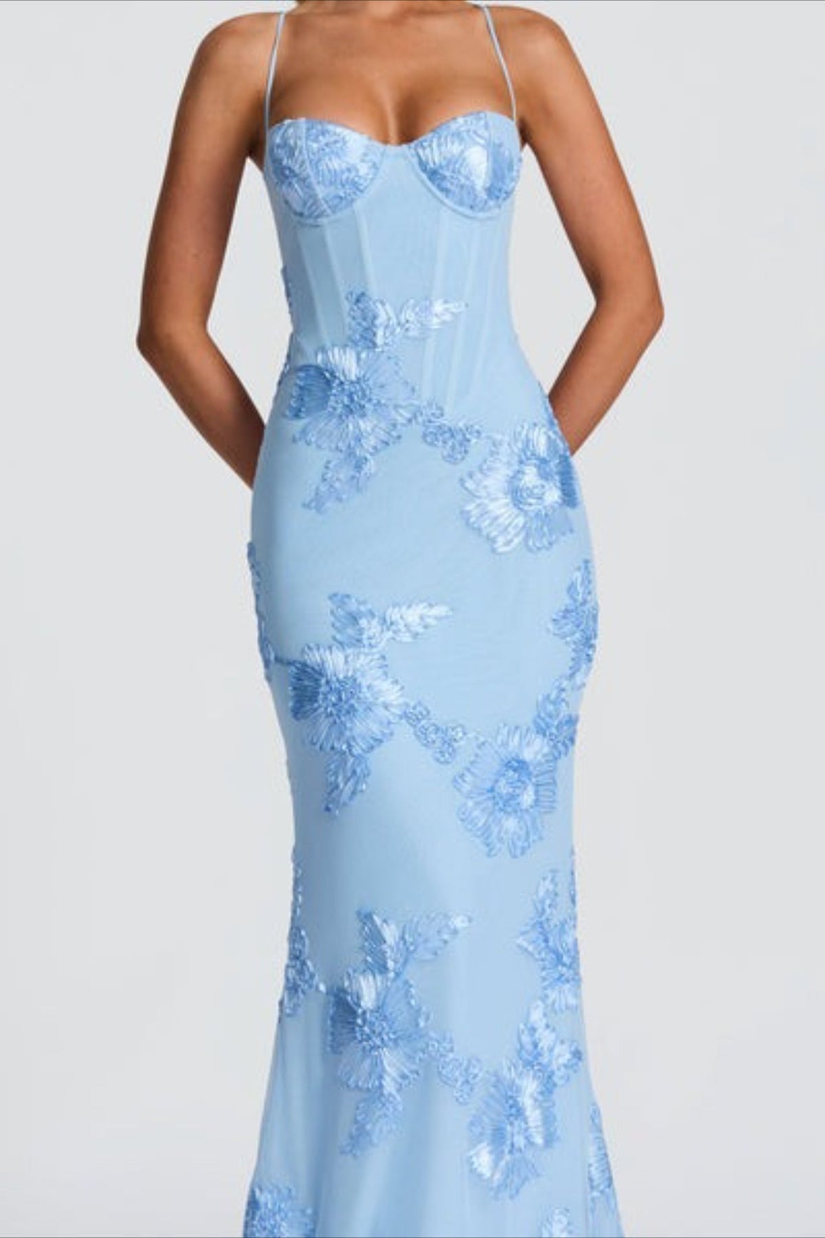 Floral Applique Spaghetti Strap Corset Backless Mermaid Gown - View 6