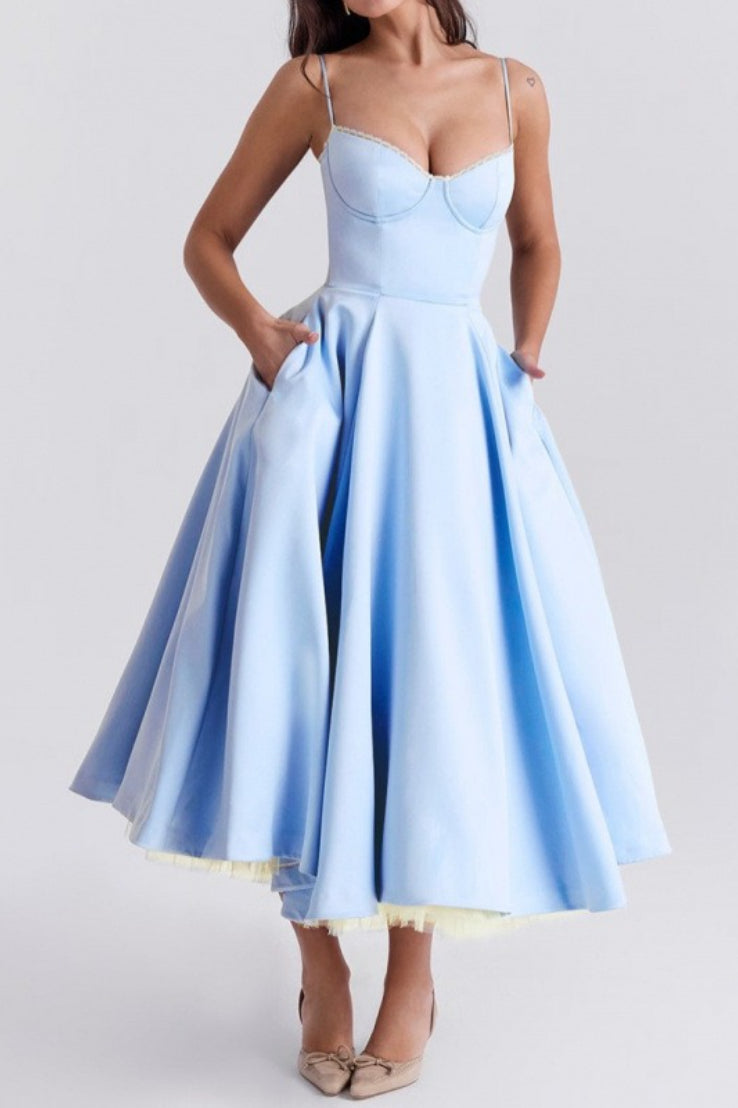Spaghetti Strap Sweetheart Bustier Satin Fit and Flare Midi Dress 2