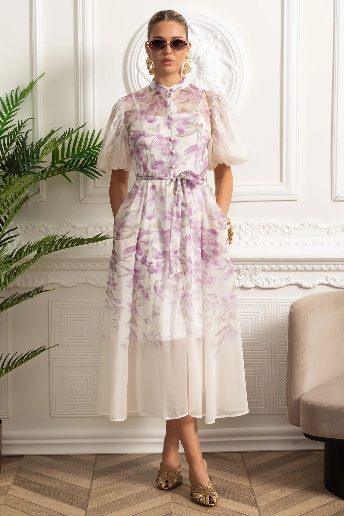 Sheer Organza Midi Shirt Dress