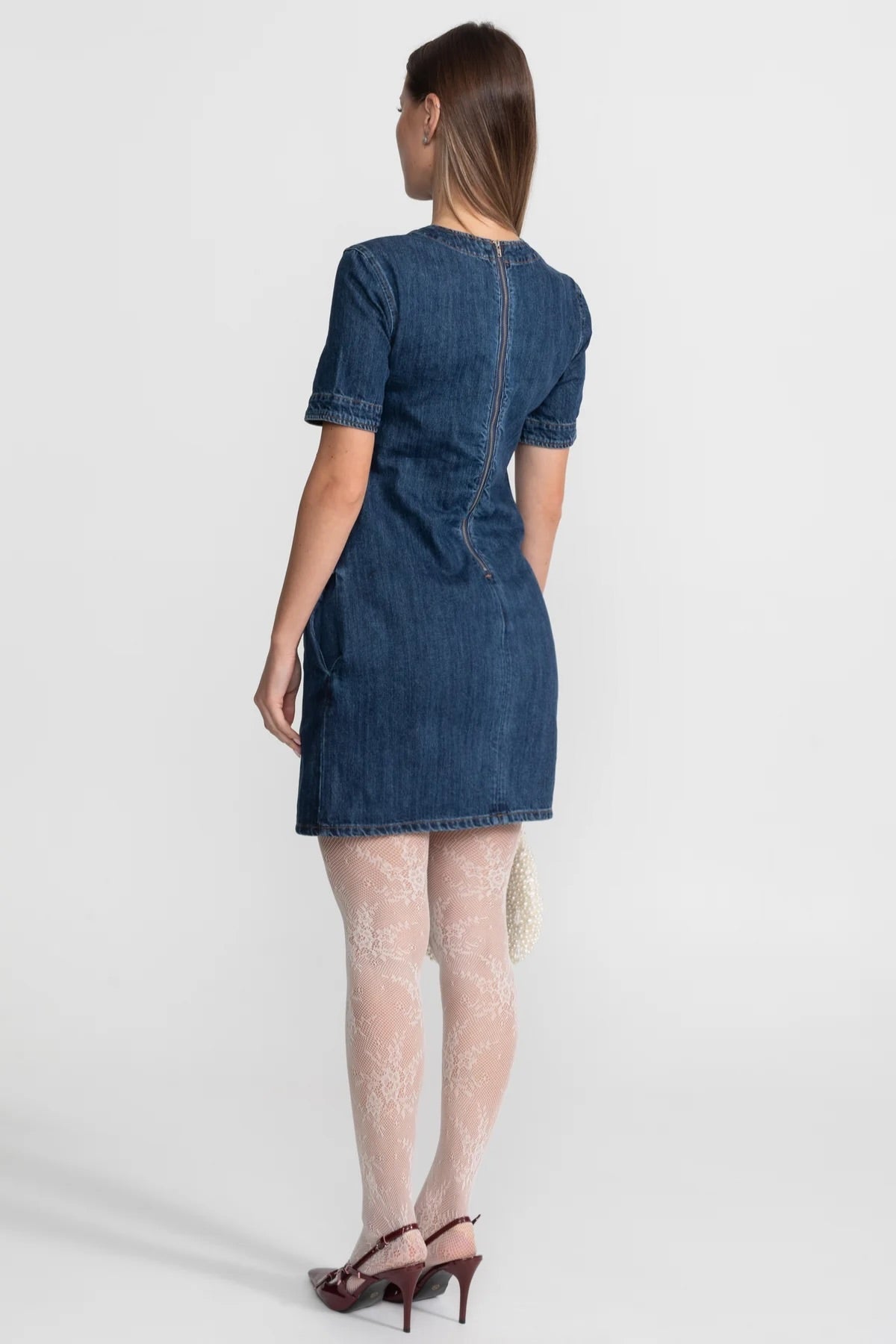 Denim Short Sleeve Glitter Bow Pocket Mini Dress - View 5