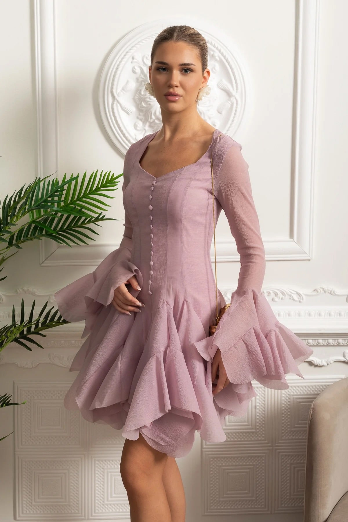 Sheer Sleeve Corset-Waist Ruffle Hem Mini Dress - Pink