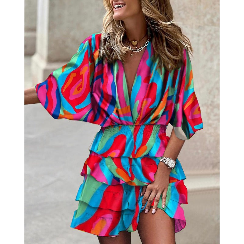 Deep V-Neck Batwing Sleeve Wrap Smocked Waist Tiered Ruffle Mini Dress