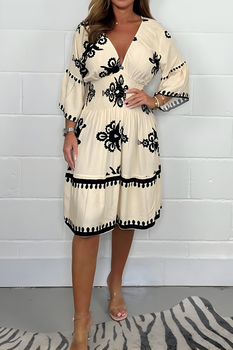 Folk Floral Print V-Neck Three Quarter Sleeve Tiered Midi Dress 5