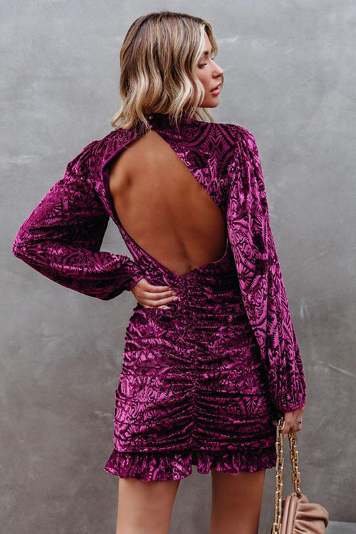 Burnout Velvet Mock Neck Long Sleeve Ruched Ruffle Hem Mini Dress 4