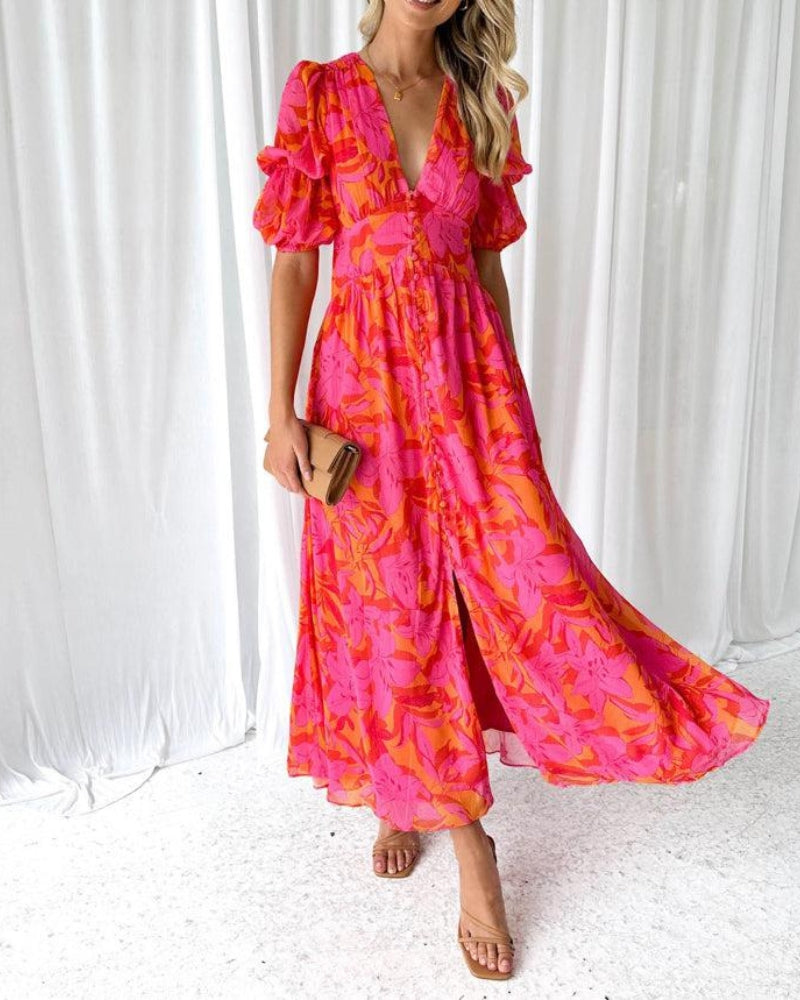 Floral V-Neck Puff Sleeve Button Front Midi Dress 4