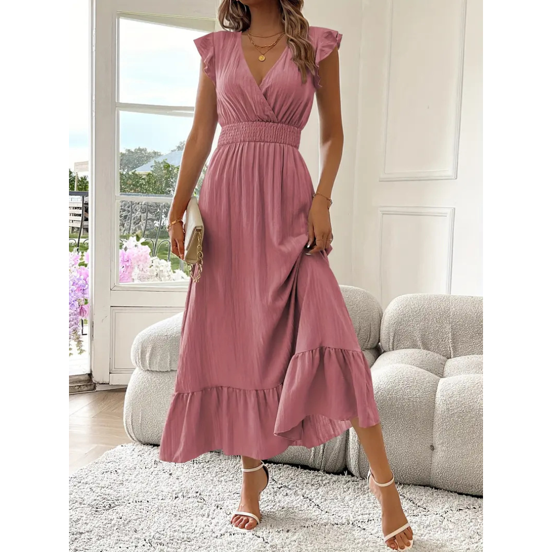 V-Neck Flutter Sleeve Shirred Waist Tiered Maxi Dress 7