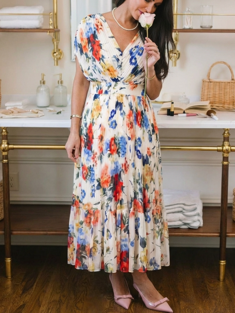 Watercolor Floral V-Neck Pleated Maxi Dress 7