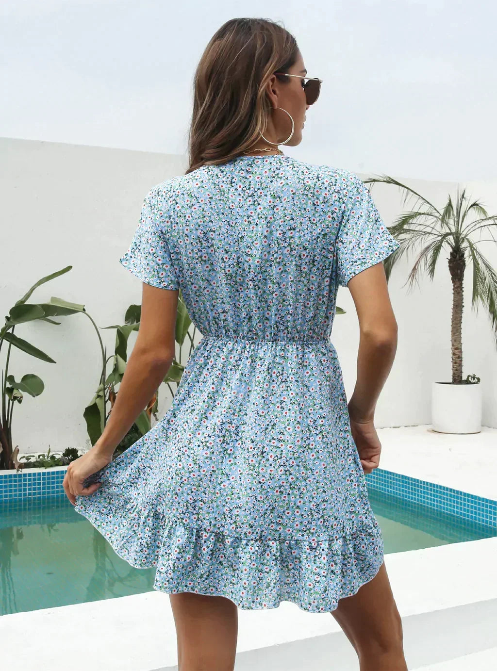 Deep V-Neck Flounces Chiffon Flowered Top L / Pink Dresses