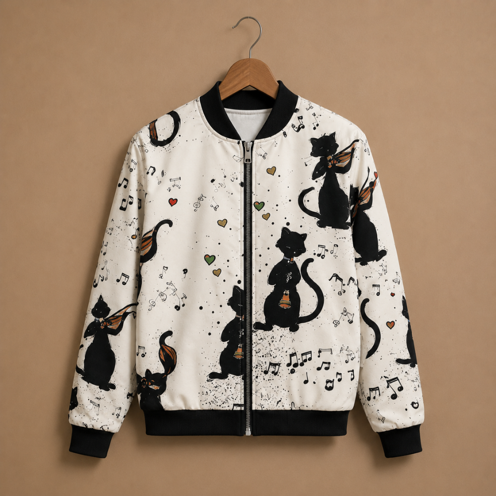 Cat and Music Print Zip Front Bomber Jacket 3