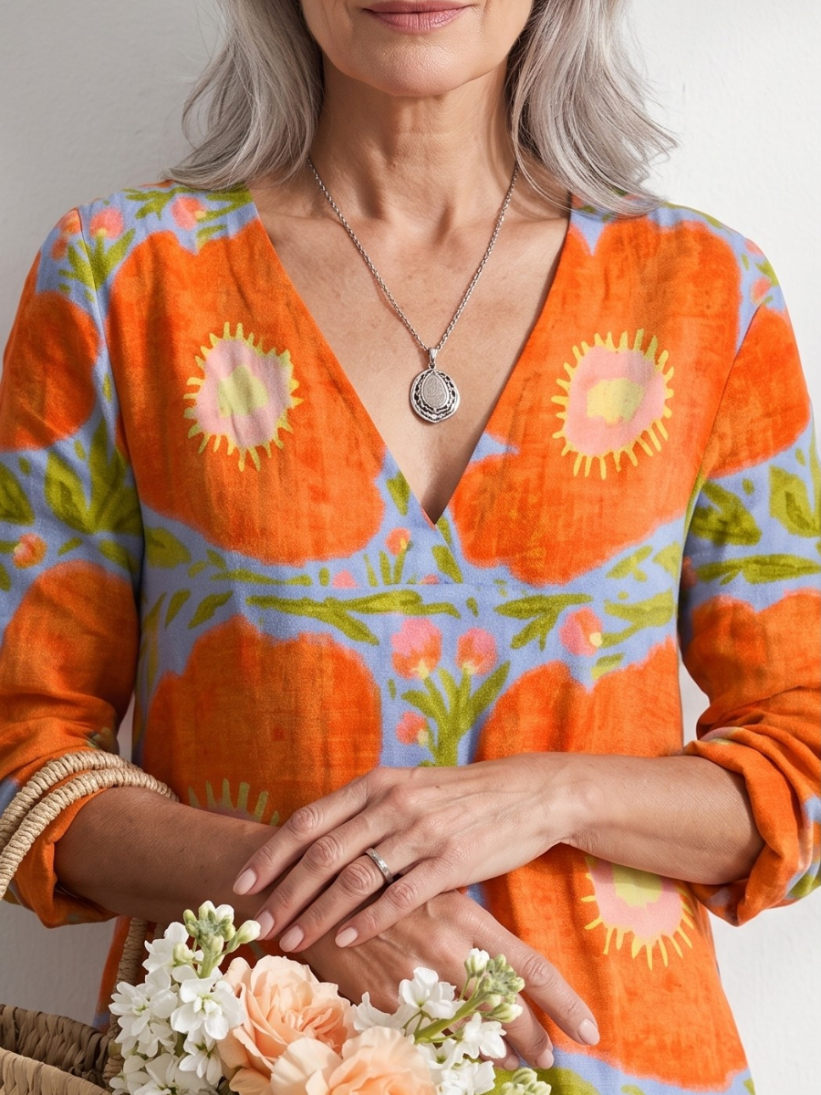 Floral Print V-Neck Long Sleeve Linen Maxi Dress 3