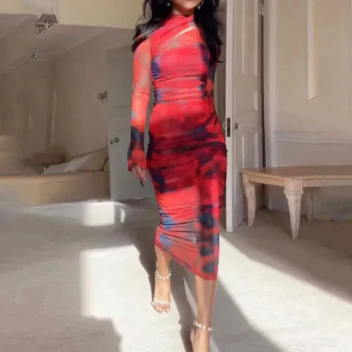 Ruched Mock Neck Long Sleeve Abstract Print Bodycon Midi Dress - View 2