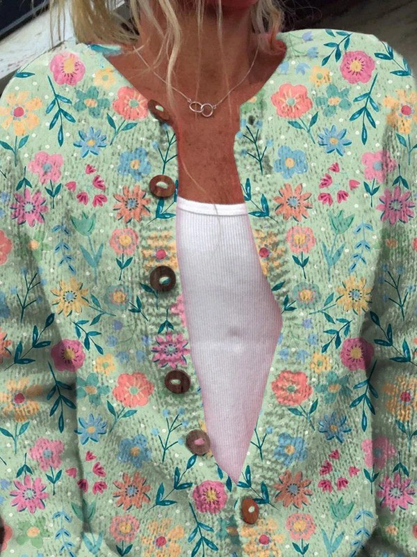 Floral Print Round Neck Button Front Knit Cardigan 2