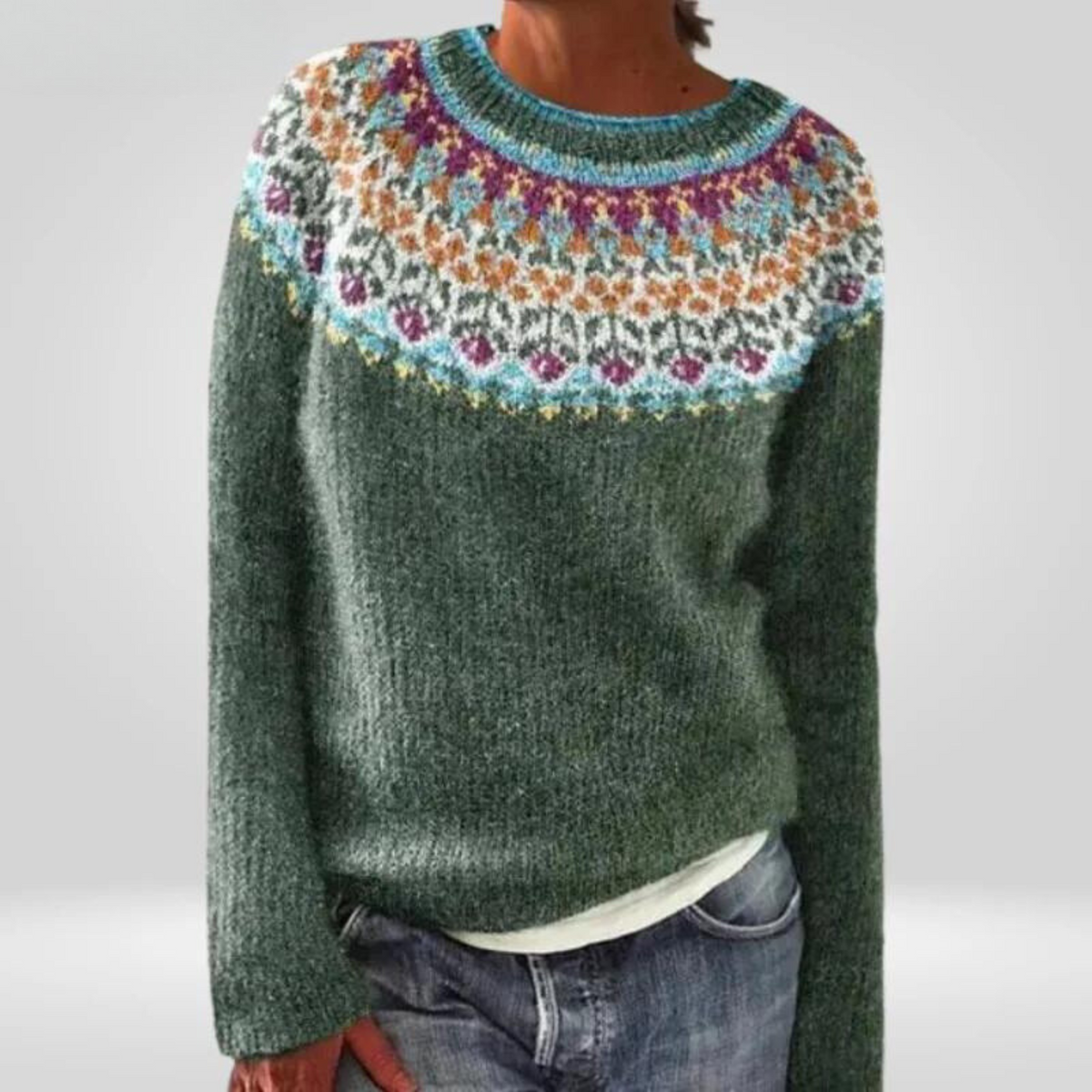 Crew Neck Fair Isle Yoke Knit Sweater