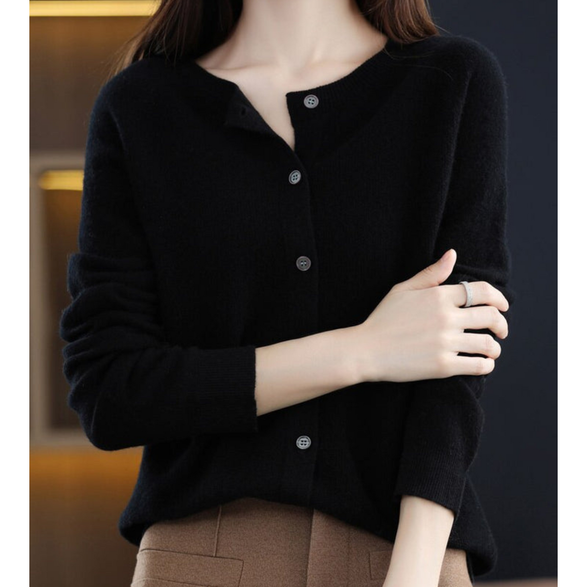 Round Neck Button Front Long Sleeve Knit Cardigan 7