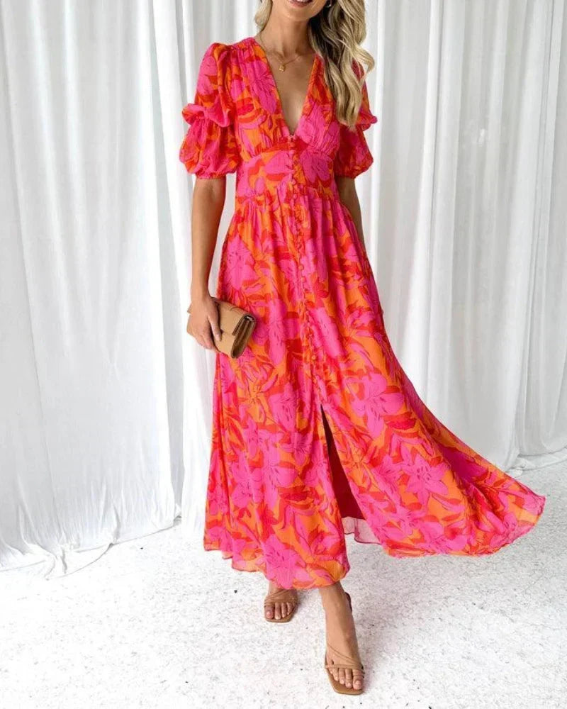 Floral Print V-Neck Puff Sleeve Button Front Maxi Dress 2