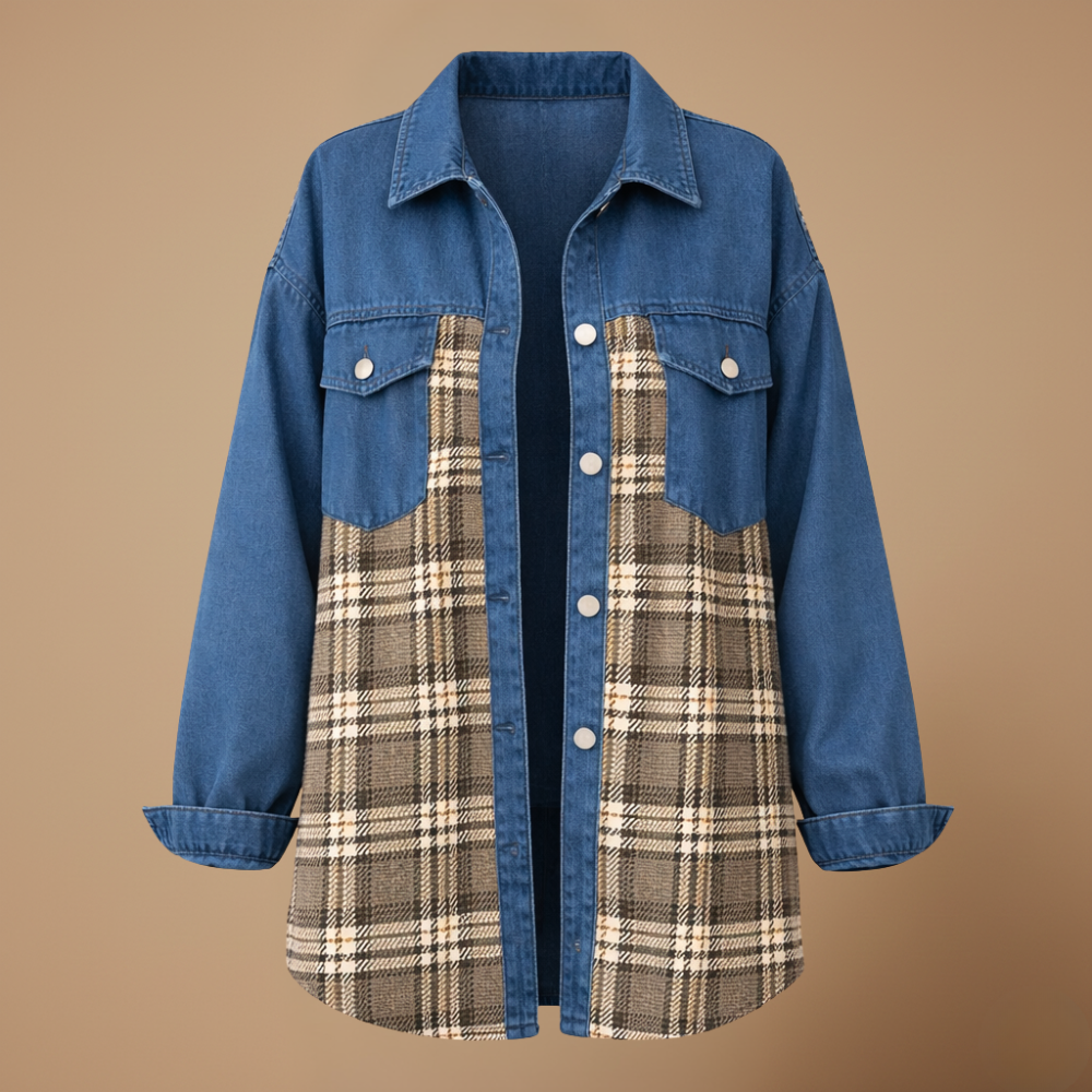 Plaid Patchwork Denim Button Front Shacket 4