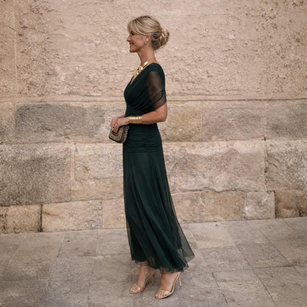 V-Neck Ruched Wrap Short Sleeve Chiffon Maxi Dress 10