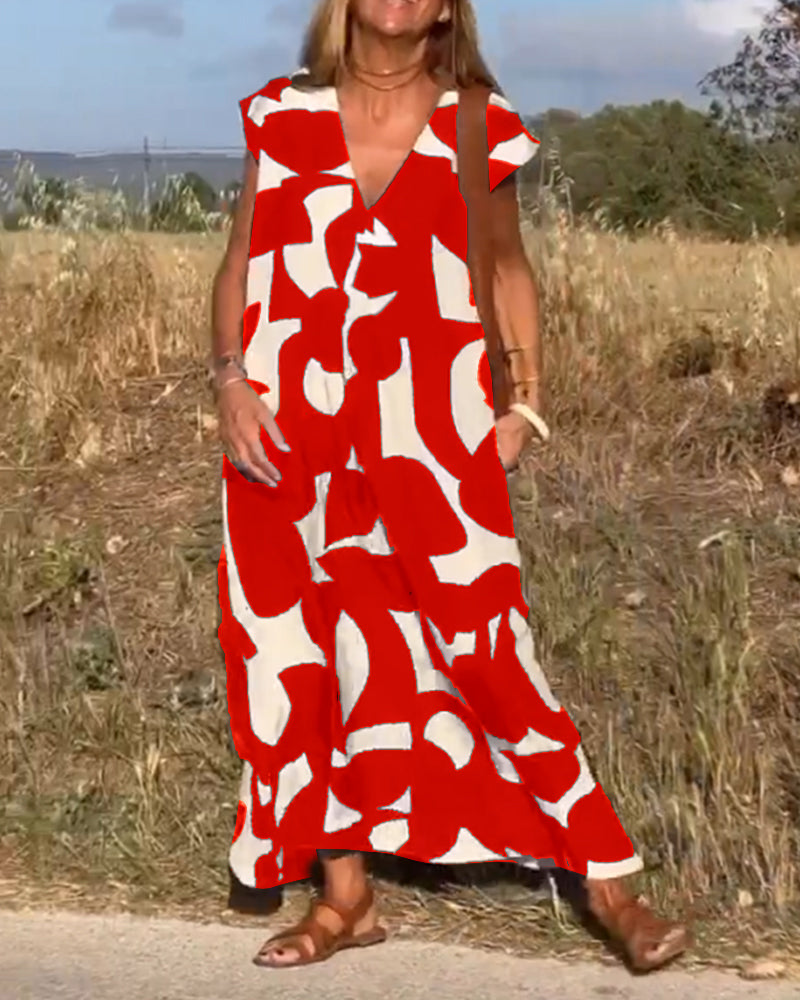 Abstract Print V-Neck Cap Sleeve Oversized Maxi Dress 13