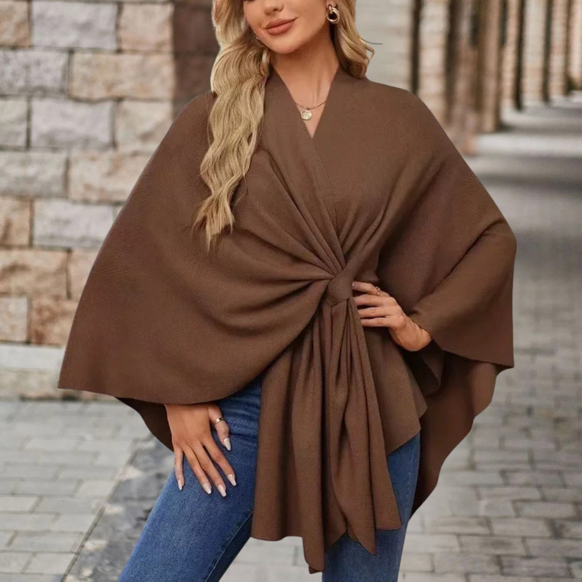 Twist Front Batwing Sleeve Knit Poncho 3