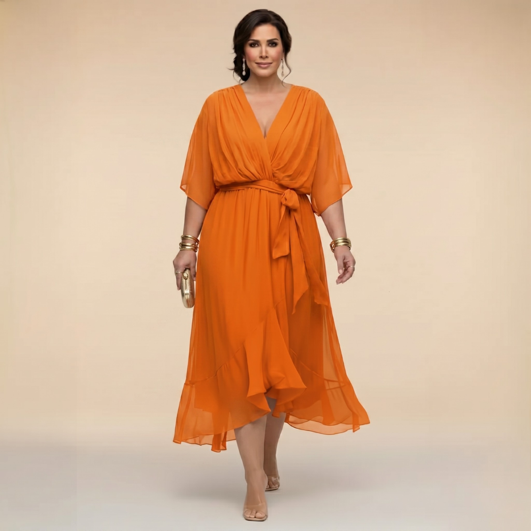 Deep V-Neck Flutter Sleeve Wrap Belted High Low Midi Dress 8