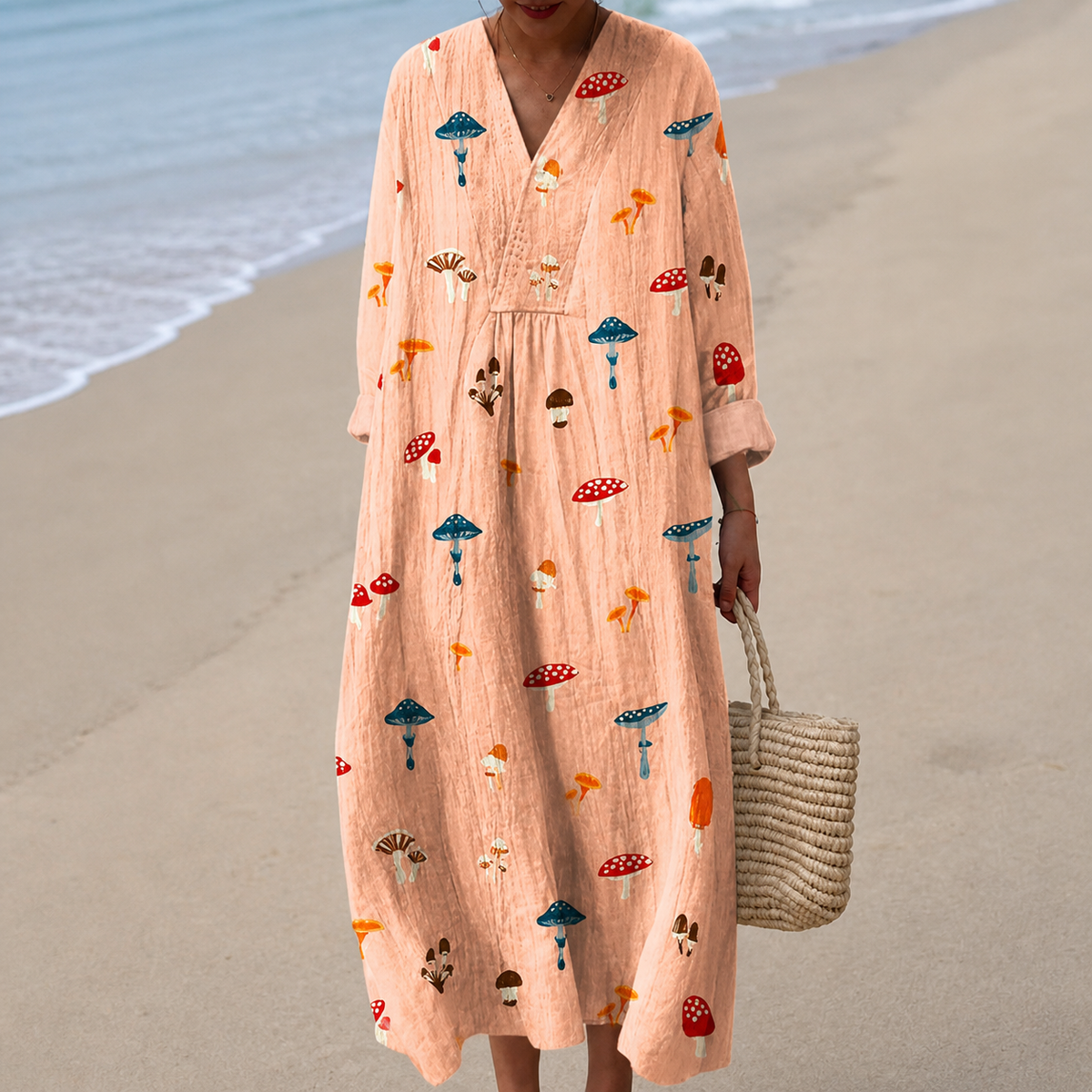 Mushroom Print V-Neck Long Sleeve Maxi Beach Dress