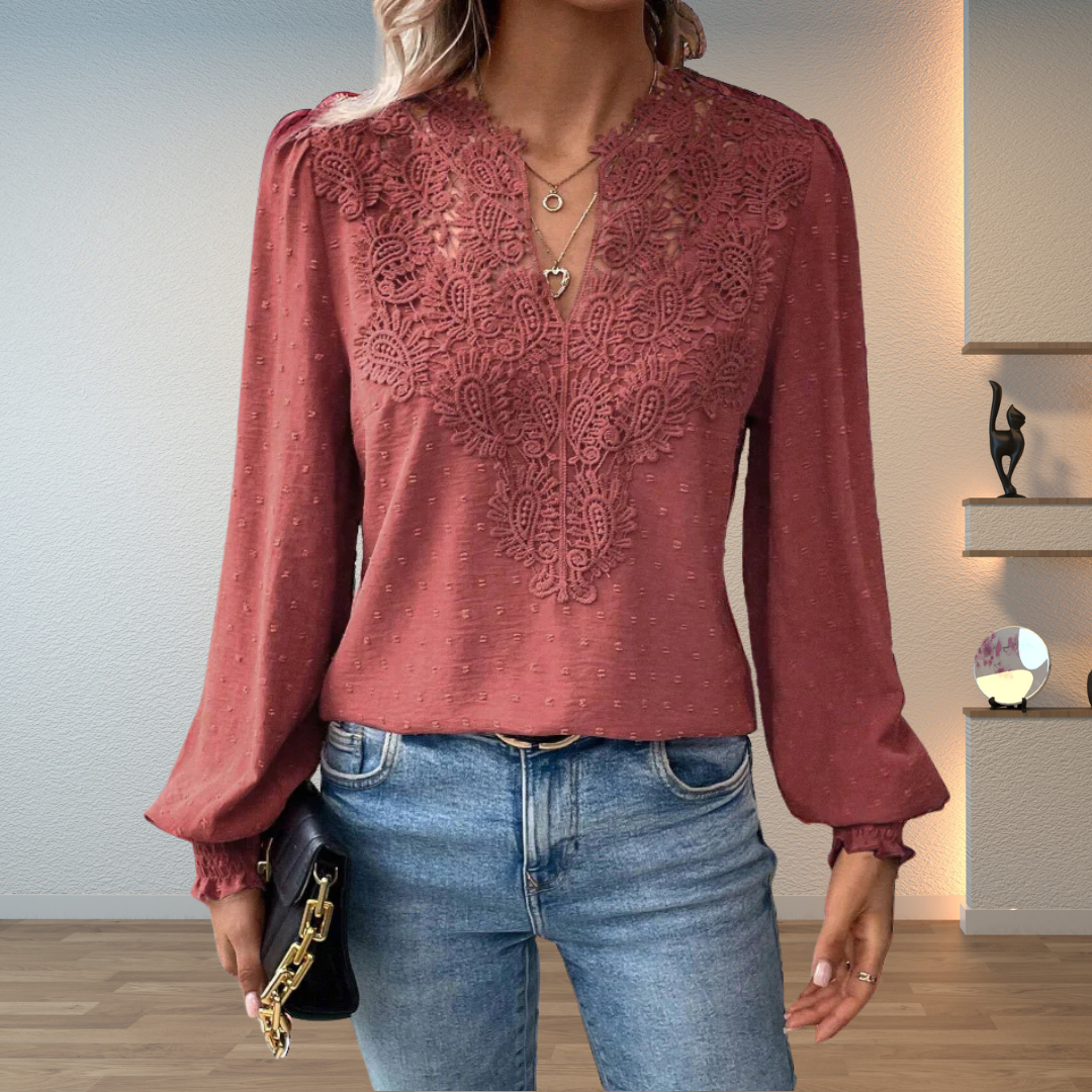 Lace Applique V-Neck Long Sleeve Swiss Dot Blouse 4