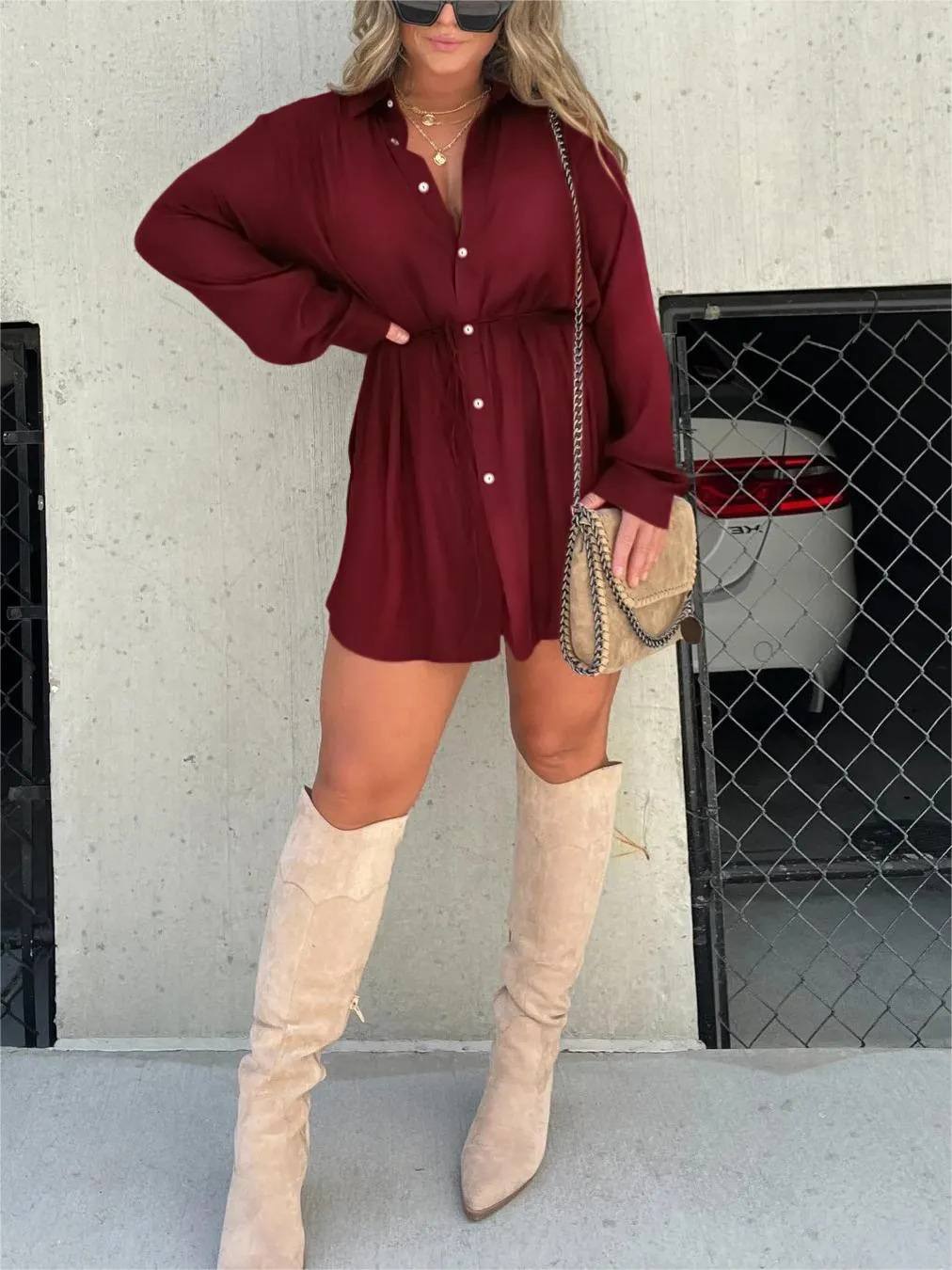 Satin Collared Button Front Long Sleeve Tie Waist Shirt Mini Dress - View 9