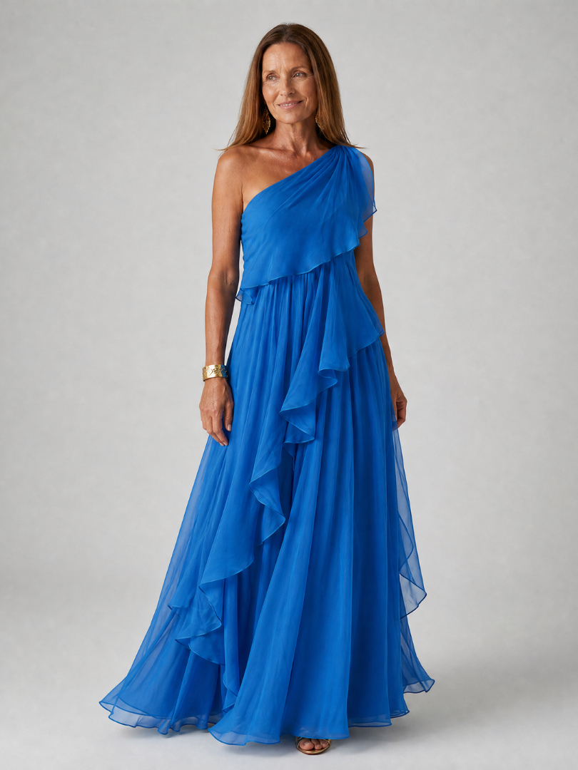 One Shoulder Ruffle Draped Chiffon Maxi Gown 10
