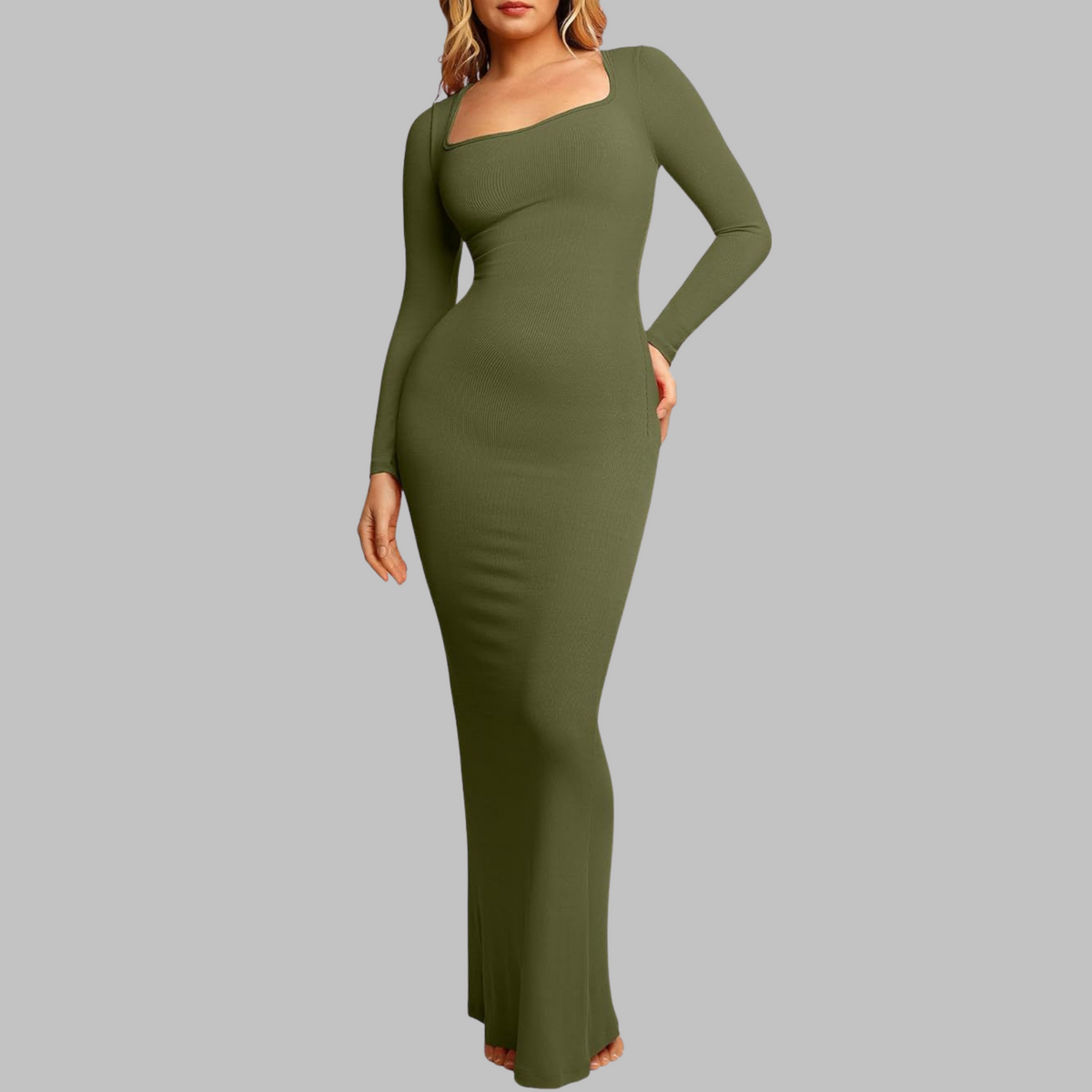 Ribbed Knit Square Neck Long Sleeve Bodycon Maxi Dress 5