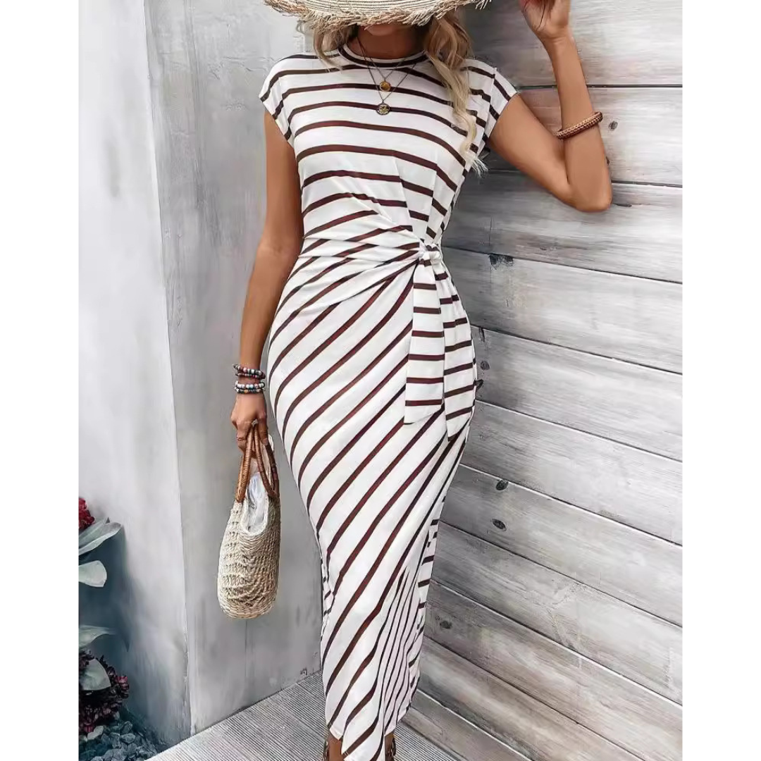 Striped Cap Sleeve Twist Front Bodycon Midi Dress 7