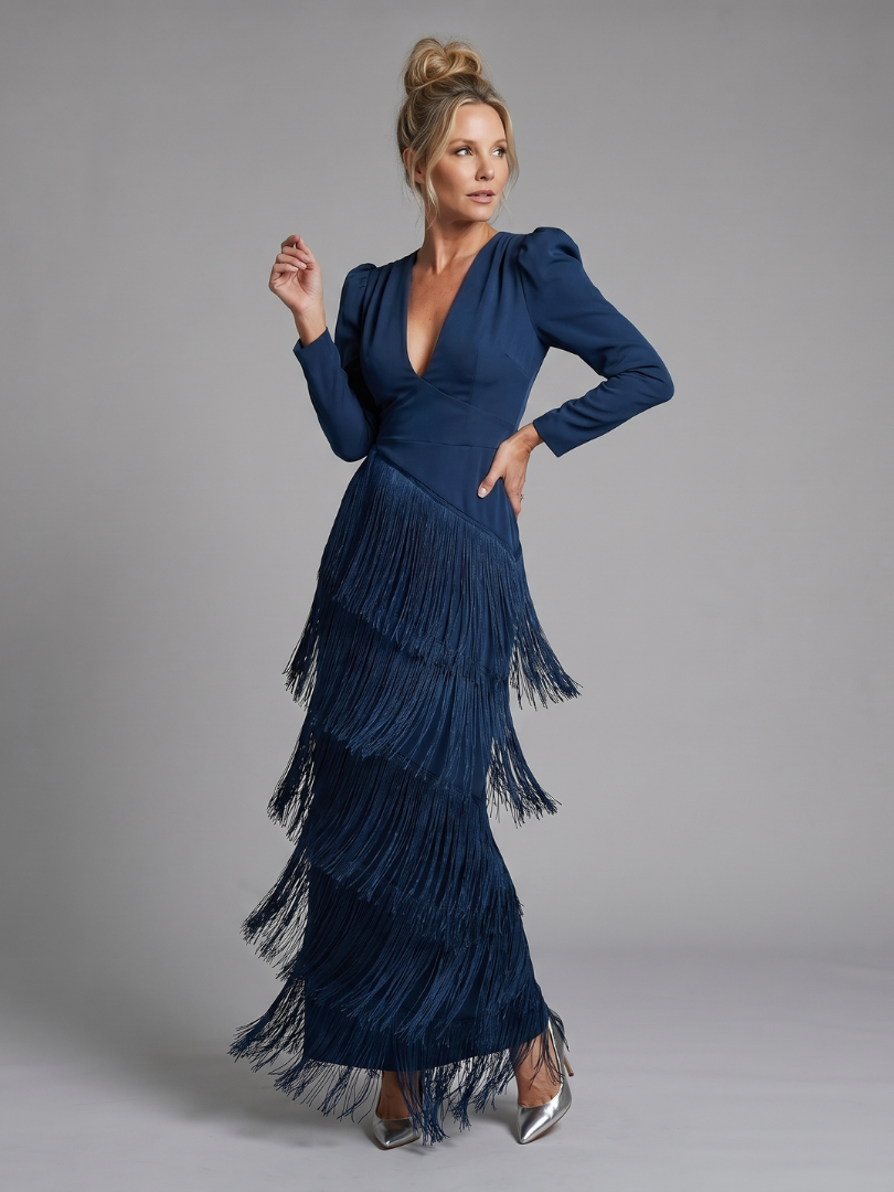 Deep V-Neck Long Sleeve Tiered Fringe Maxi Dress 5