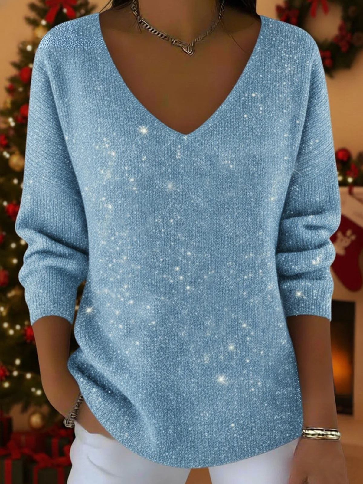 V-Neck Long Sleeve Glitter Knit Sweater 7