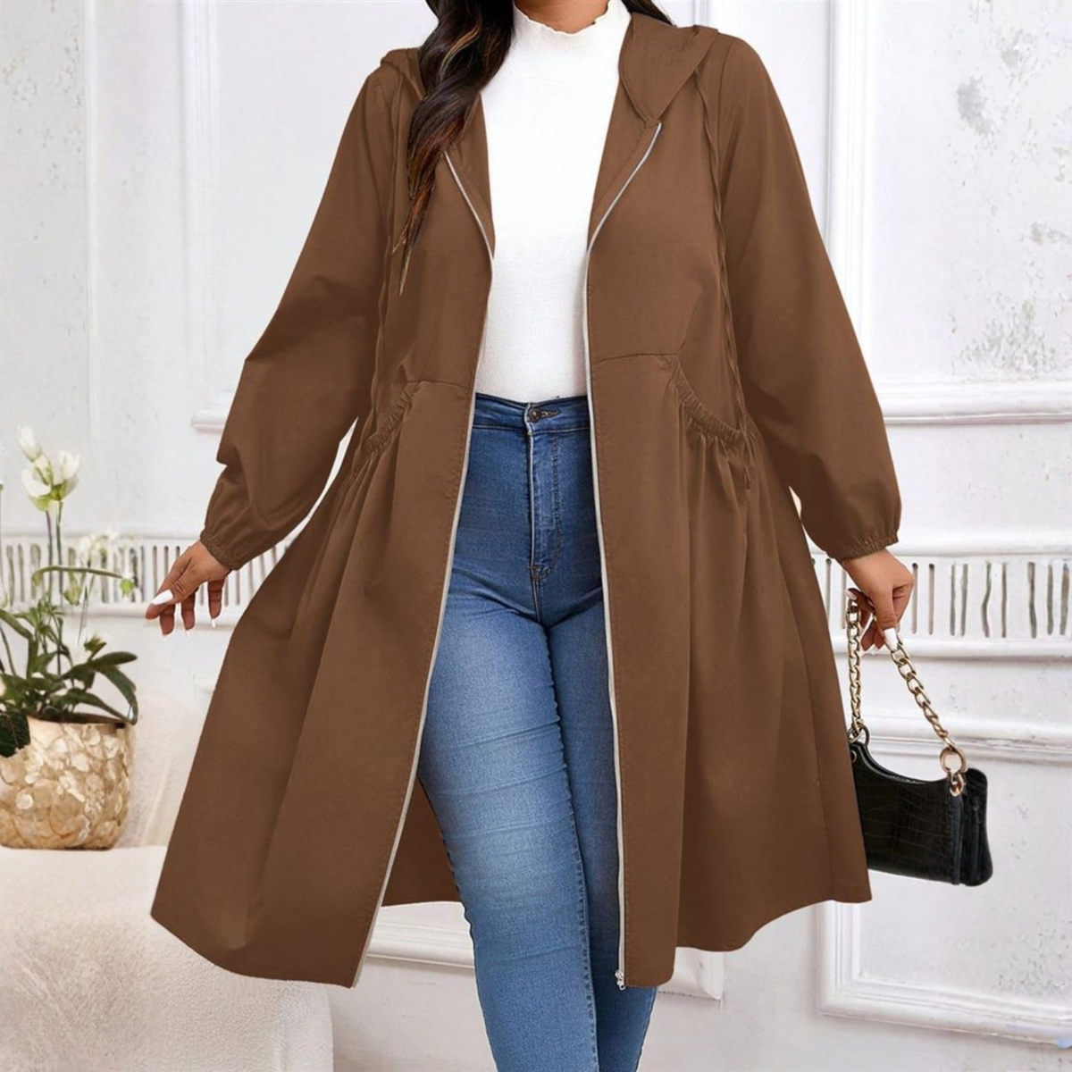 Hooded Zip Front Drawstring Longline Coat 4