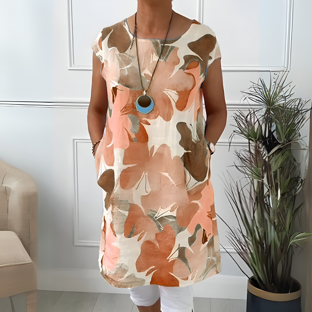 Watercolor Floral Round Neck Short Sleeve Tunic Dress 7
