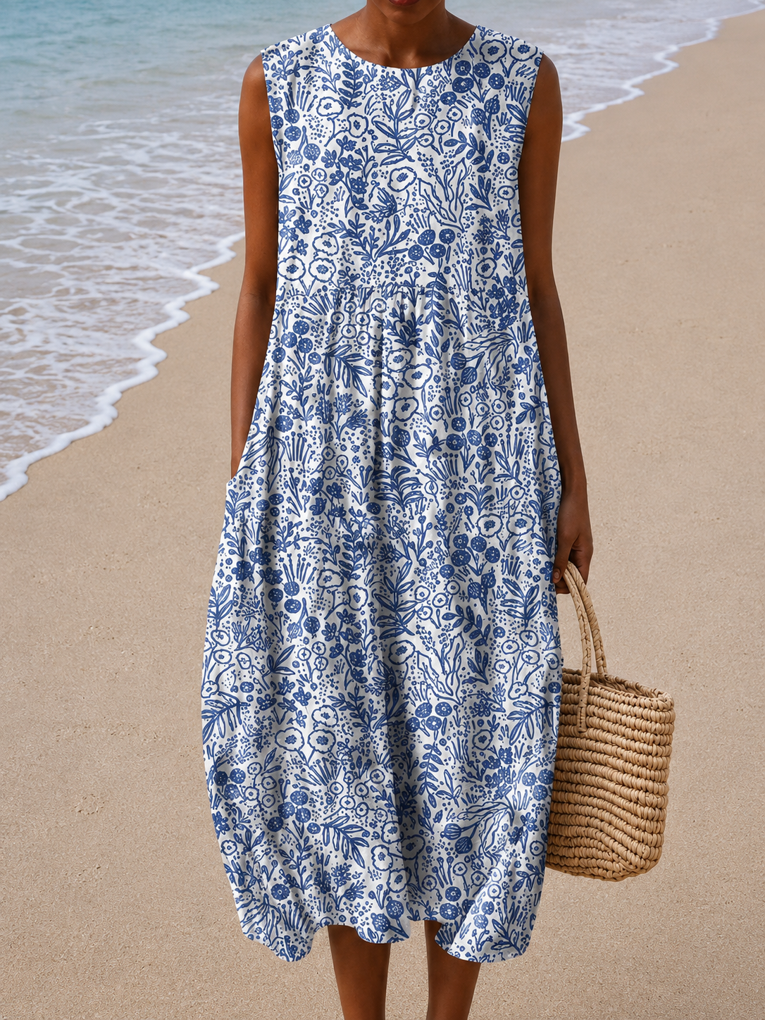 Floral Print Crew Neck Sleeveless Pocket Midi Dress