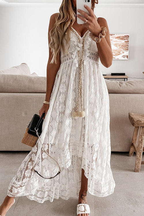 Crochet Lace V-Neck Tassel Tie High Low Maxi Dress 7