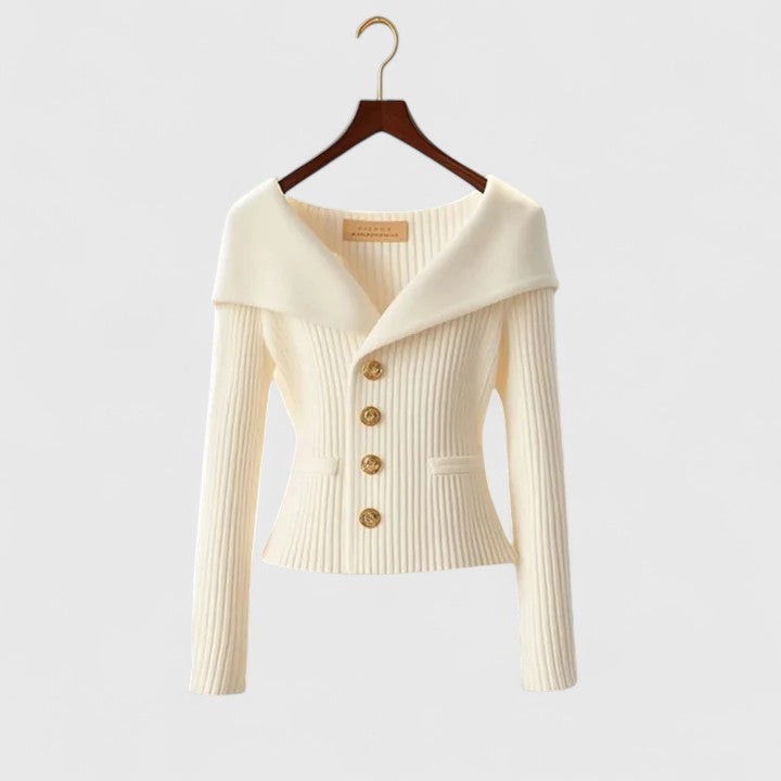 Portrait Collar Button Front Ribbed Knit Sweater 8