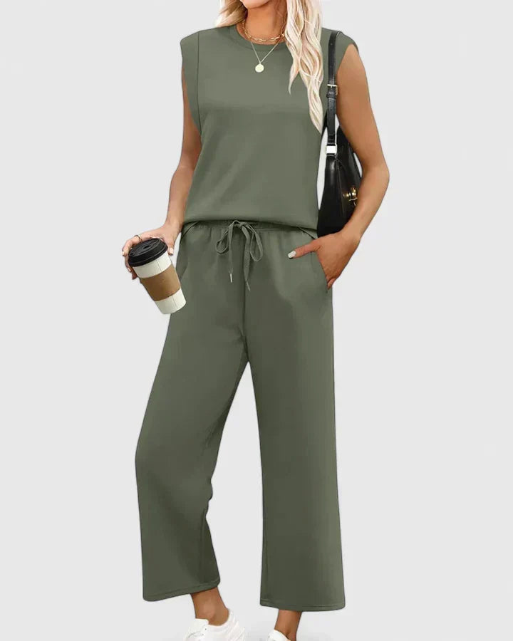 Sleeveless Round Neck Top and Drawstring Wide Leg Pants Two Piece Set 5