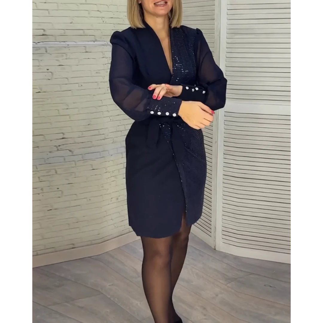 Wrap Deep V-Neck Sequin Cuff Long Sleeve Tie Waist Mini Dress - View 7