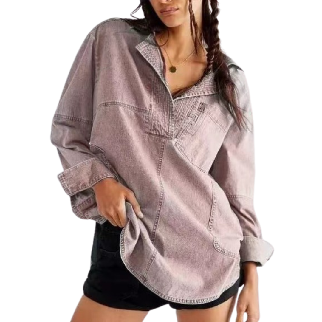 Collared Button Front Long Sleeve Oversized Denim Shirt 7