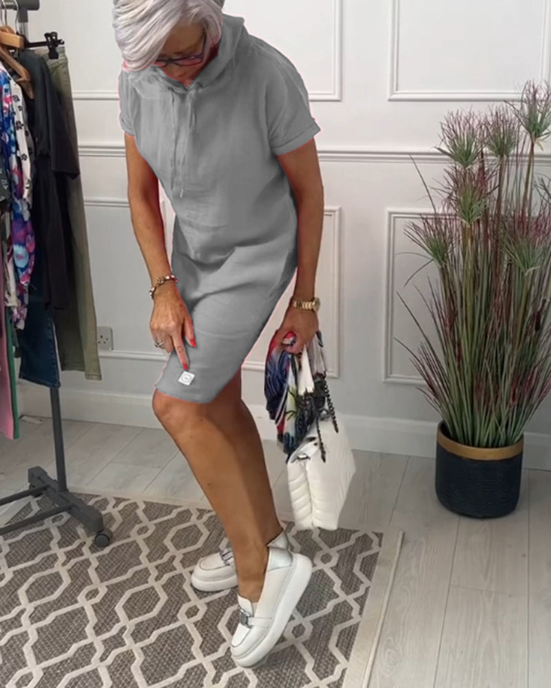 Hooded Drawstring Short Sleeve Knee Length Shift Dress 20