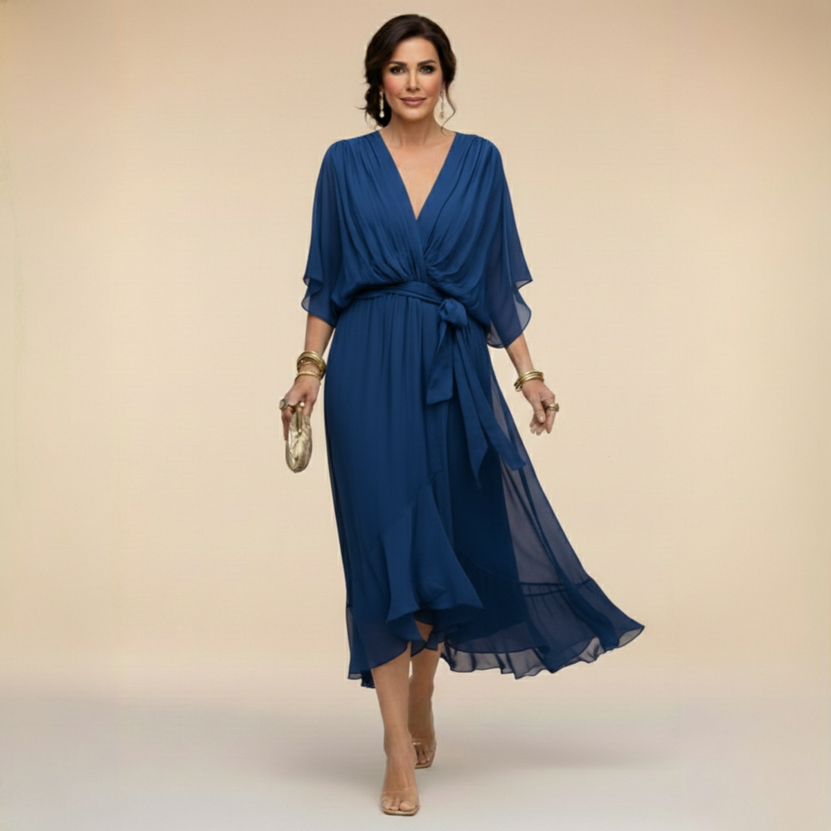 V-Neck Kimono Sleeve Belted Ruffle High Low Midi Dress 4