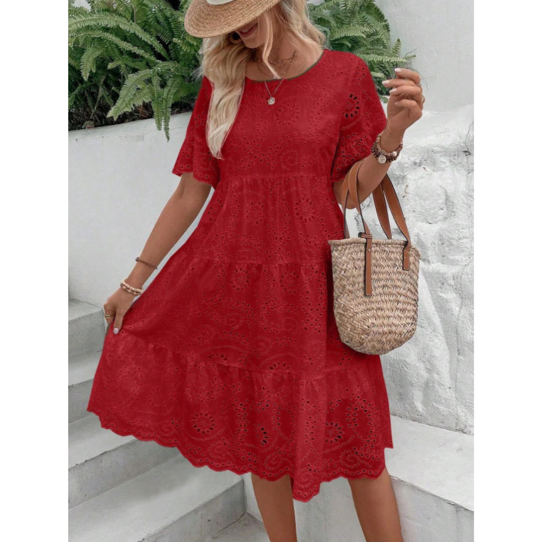 Broderie Eyelet Round Neck Flutter Sleeve Tiered Mini Dress 7