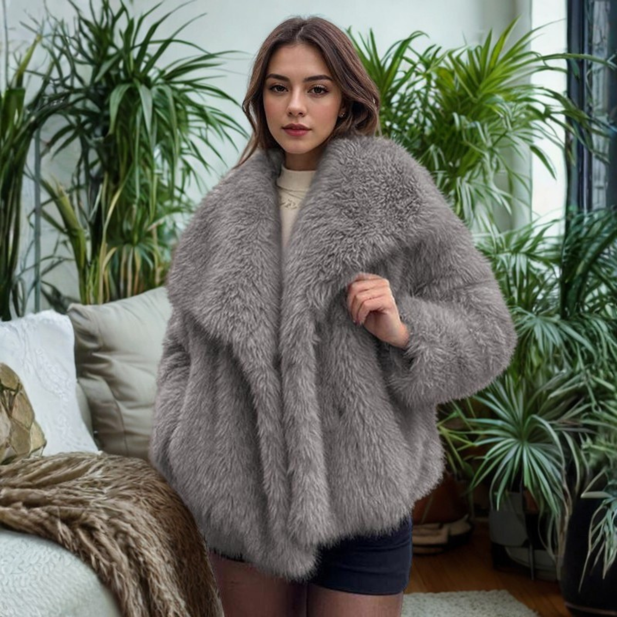 Shawl Collar Faux Fur Cropped Jacket 6