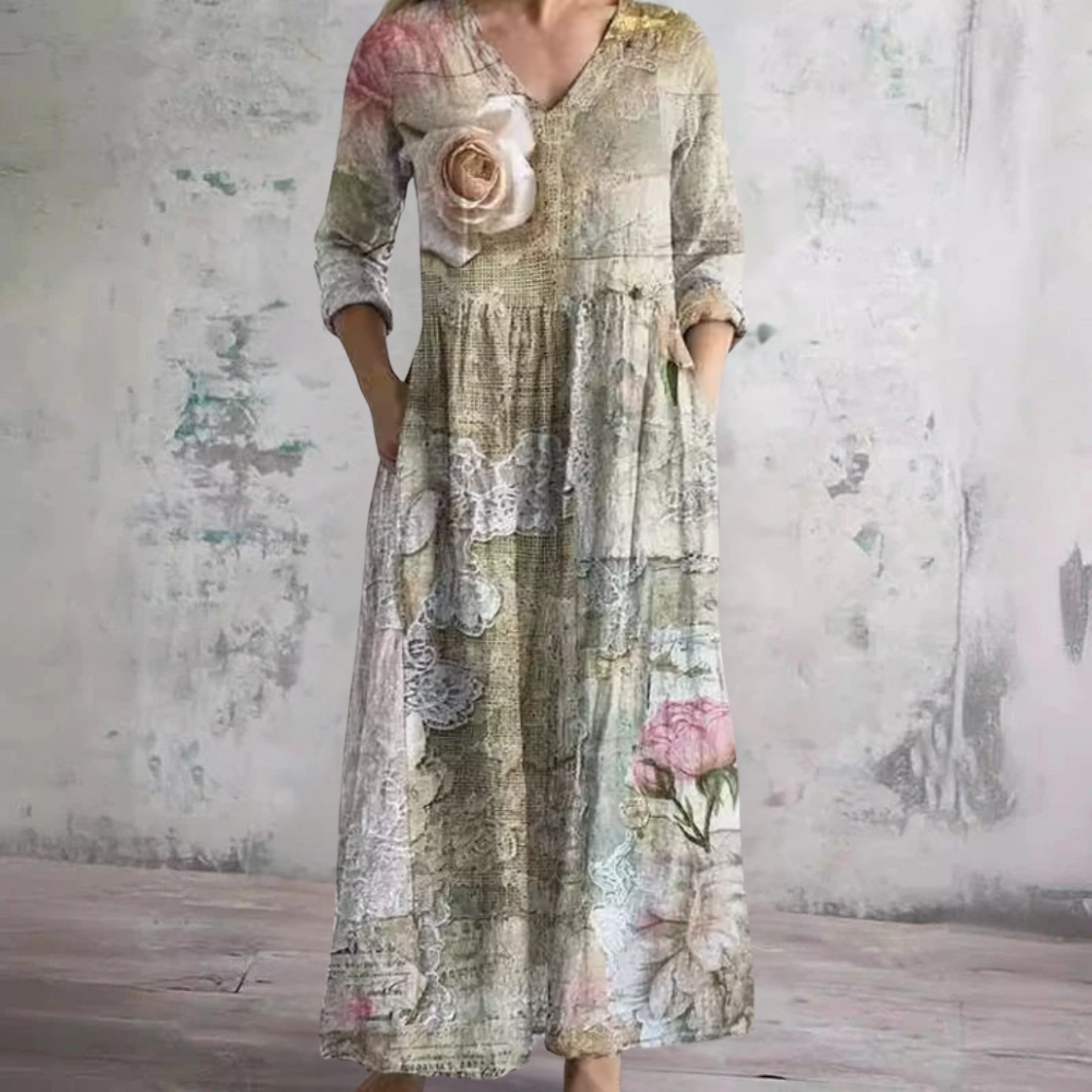 V-Neck Long Sleeve Floral Rose Applique Tiered Maxi Dress