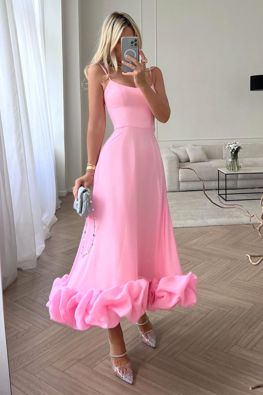 Spaghetti Strap Ruffle Hem Fit and Flare Midi Dress