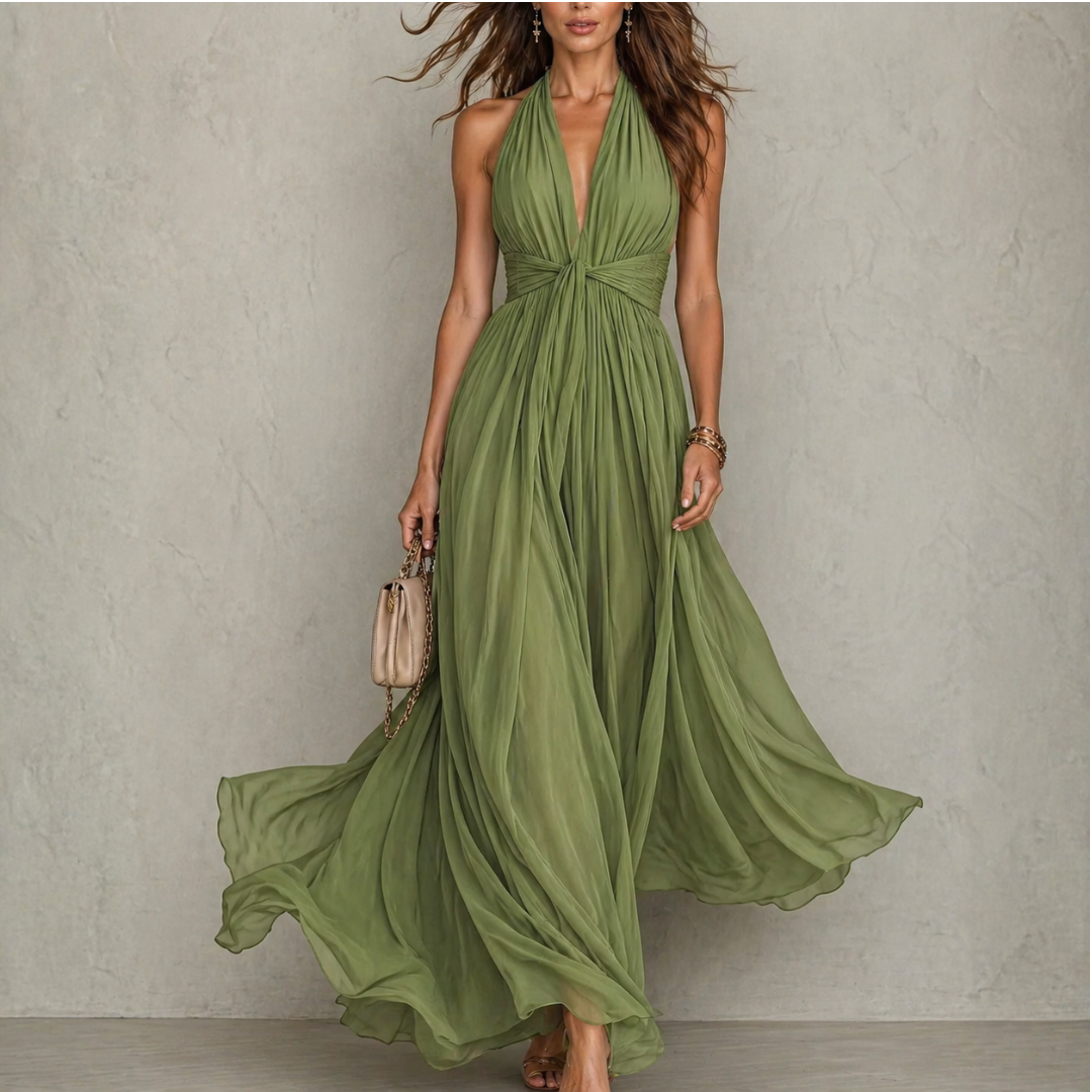 Halter Neck Deep V-Neck Twist Front Flowy Maxi Dress 5