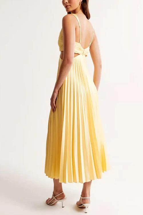 Accordion Pleated Spaghetti Strap V-Neck Waist Cut Out Midi Dress